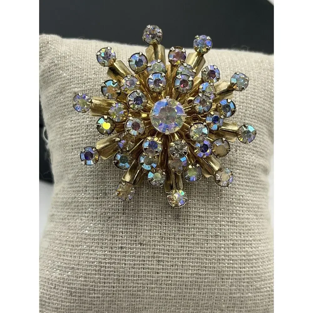 Vintage Aurora Borealis AB Rhinestone Starburst‎ Sunburst Brooch Pin